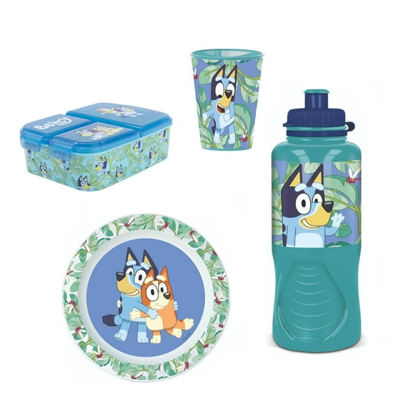 Pack 4 Colacion Bluey Botella 400ML Porta Sandwich Vaso Plato Piezas