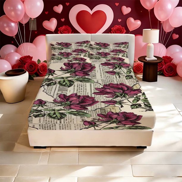 Purple Red Rose Vintage Painting Printed Bed Sheet Practical Bed Sheet Soft And Comfortable Material Brings a Comfortable Sleep Experience Can Be Adapted to a V
