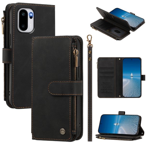 Funda Cartera para OnePlus 15R con Cremallera y Ranuras, Negro