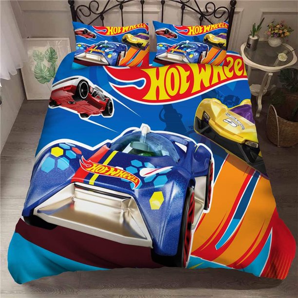 Bedding Set 100% Soft Comfortable Microfiber Hot Wheels Sports Car- 1 Duvet Cover + 2 Pillowcases Zipper Pink Grey