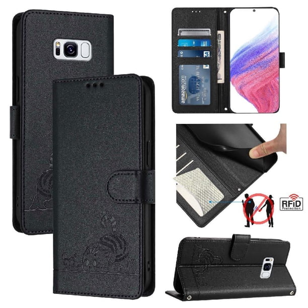 Funda tipo cartera FOXDOCK para Samsung Galaxy S8Plus con soporte, ranuras, RFID, diseño de gato