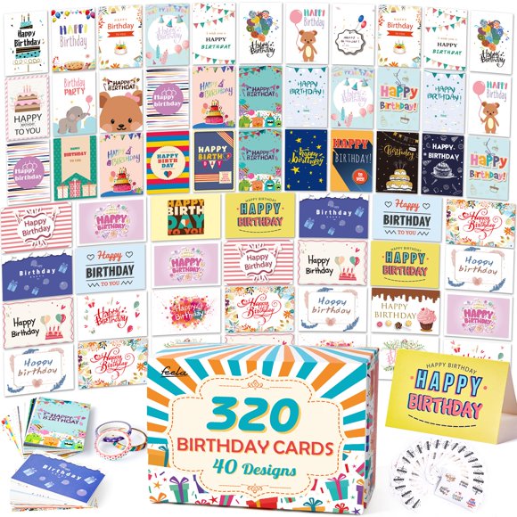 Tarjetas de cumpleaños Feela 320 unidades, 40 diseños, 4"x6"