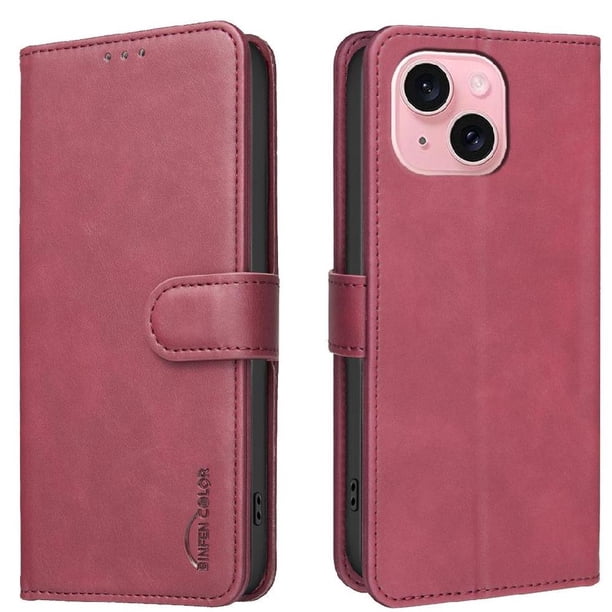 Funda Billetera para iPhone 15 Protección RFID y Soporte Ajustable Rojo