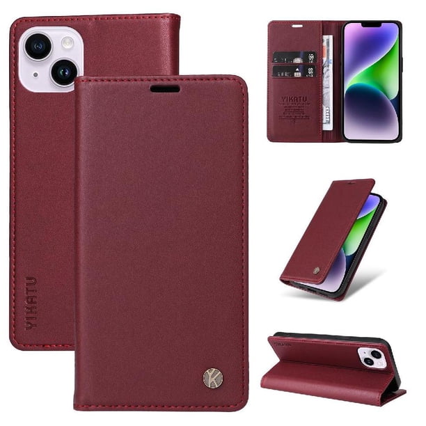 Funda Billetera de Cuero para iPhone 15 Plus con Tarjetero y Soporte - Tapa Magnética Rojo