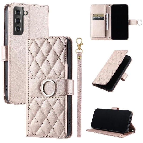 Funda Acolchada con Anilla y Correa para Samsung Galaxy S21 Plus Slots para Tarjetas Oro rosa