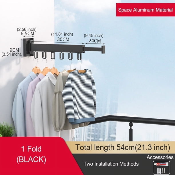 1pc Aluminum Alloy Folding Drying Rack, Clothes Drying Rack, Foldable Telescopic Drying Rack, Wall-mounted Collapsible Drying Rack, Space Saver Clothes Rack With Hooks, For Balcony, Laundry, Bathroom