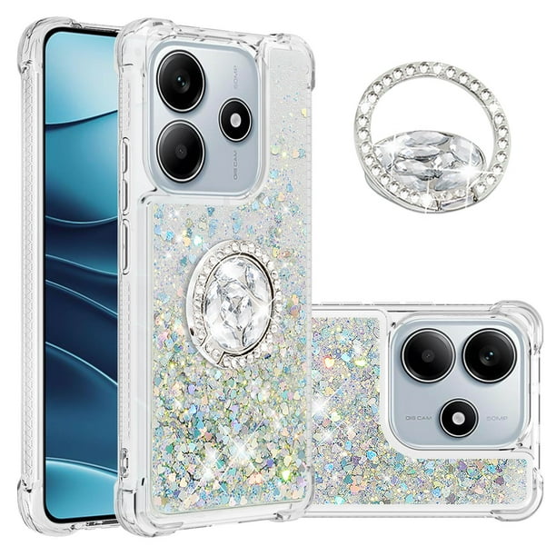 FOXDOCK Funda Glitter Líquida para Xiaomi Redmi Note 14 4G con Anillo Brillante, TPU Antichoques y Esquinas Reforzadas, Soporte