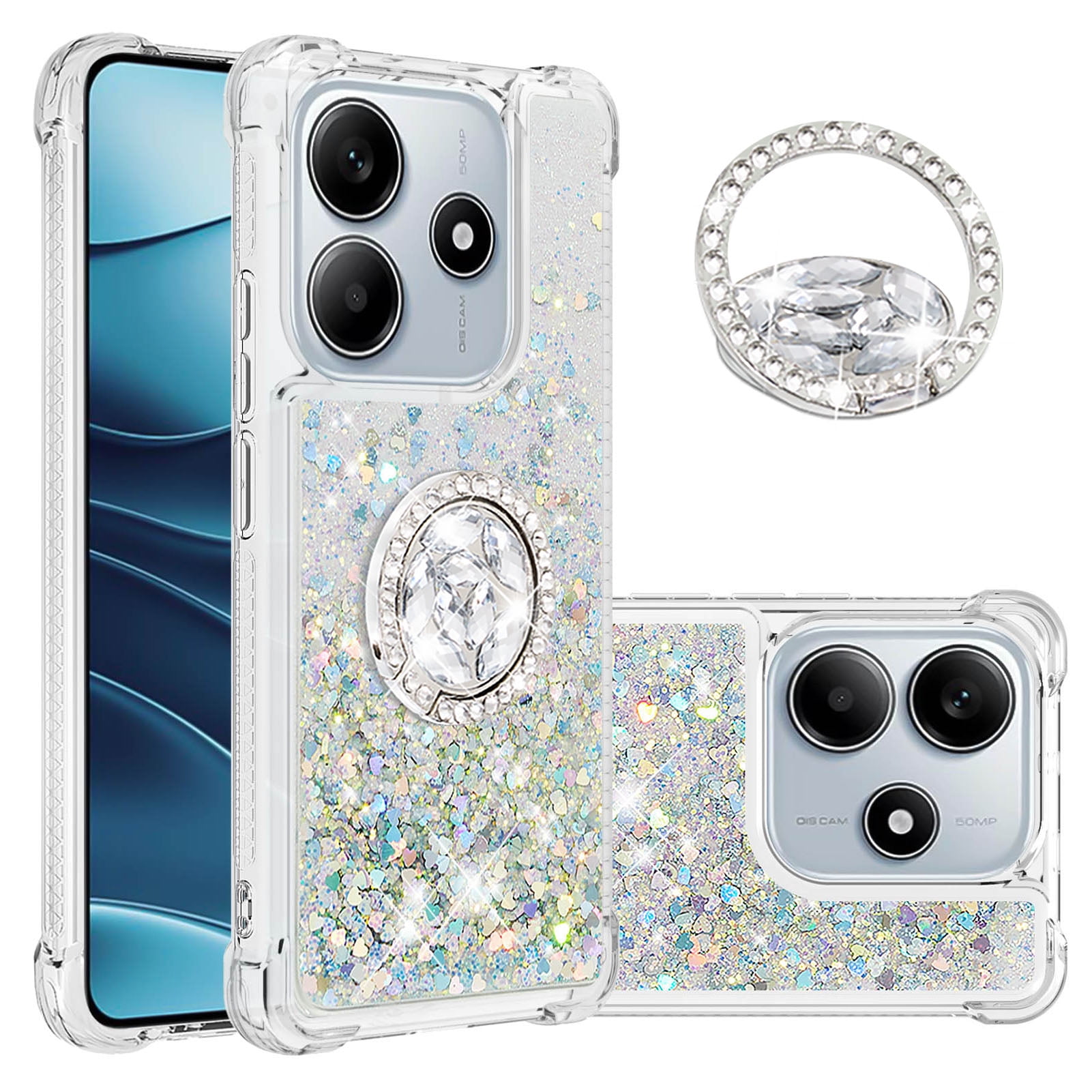 Foxdock Funda Glitter Líquida Para Xiaomi Redmi Note 14 4g Con Anillo Brillante, Tpu Antichoques Y Esquinas Reforzadas, Soporte