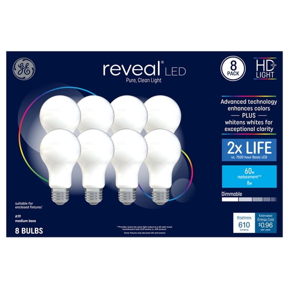 Bombillas LED GE Reveal equivalentes a 60 W, paquete de 8, A19 2850 K