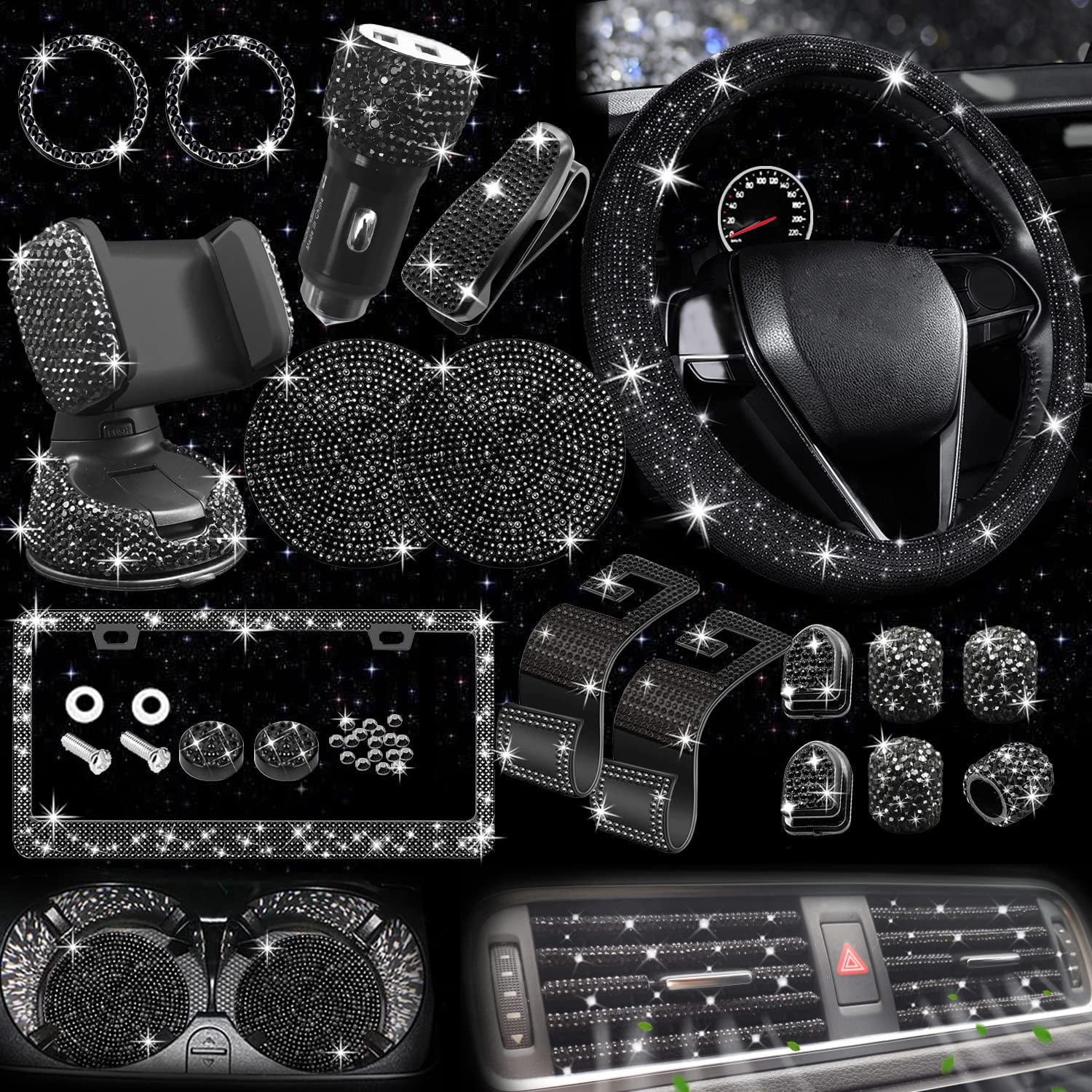 Set De Accesorios De Coche Nbtepem Black Bling 27 Piezas Para Mujer
