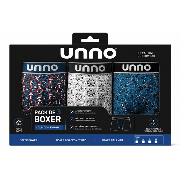 Pack de 3 Boxer Colección Enigma 1, algodón peruano premium. (Boxer Power + Boxer Oso Geométrico + Boxer Calamar), TALLA S