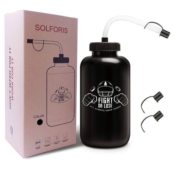 Botella de agua SolForis Hockey con pajita larga de 1 litro (32 oz) con 3 tapas