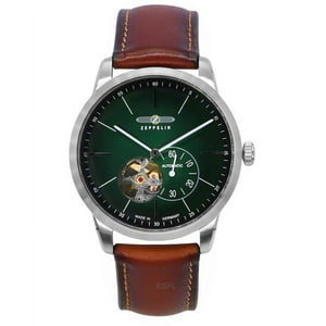Zeppelin - Reloj Automático Para Hombre Flatline Correa De Cuero Dial Open Heart Verde 83644