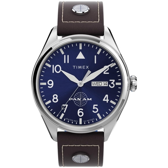 Reloj Timex X Pan Am Day-Date 42 mm para hombre, color marrón/azul