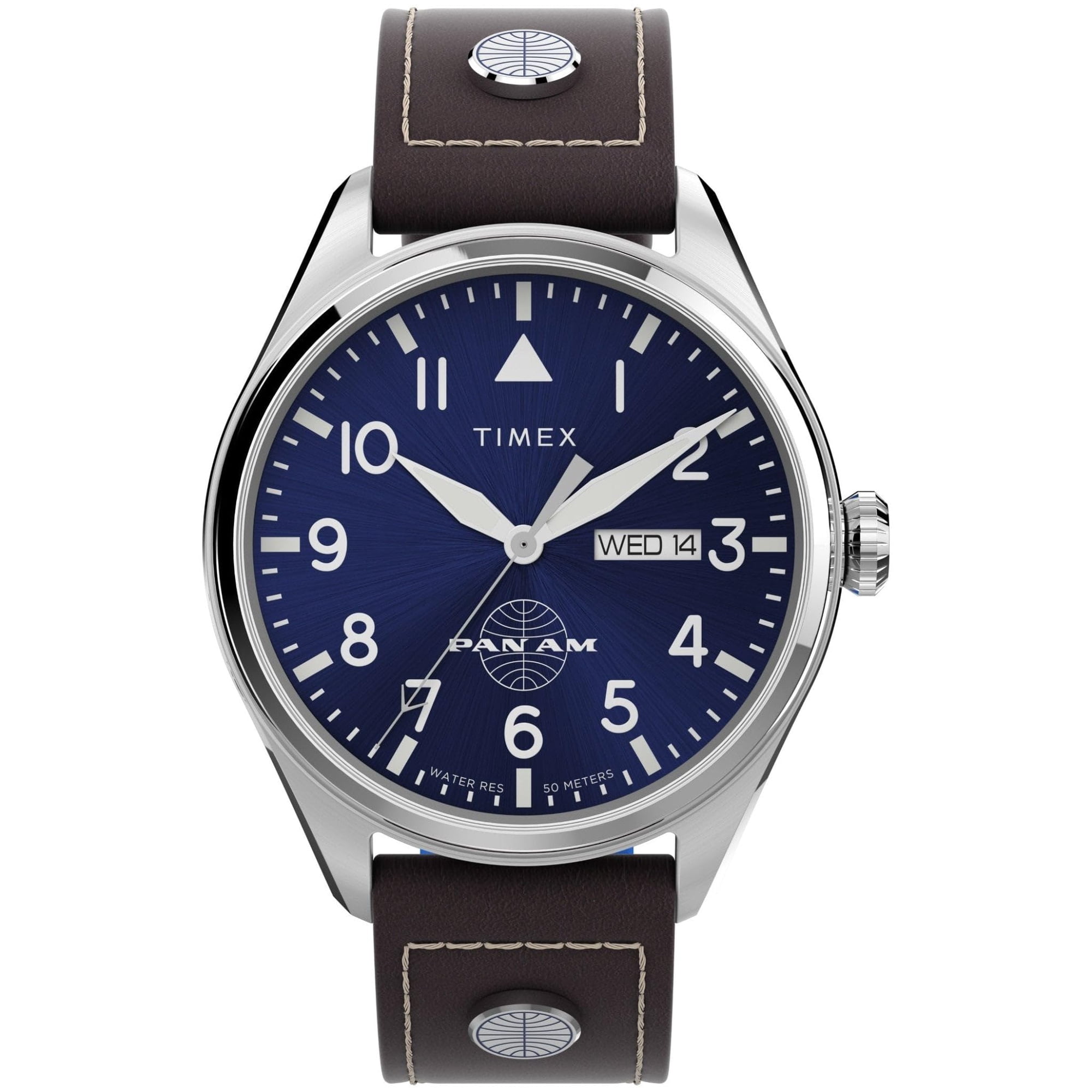 Reloj Timex X Pan Am Day-date 42 Mm Para Hombre, Color Marrón/azul