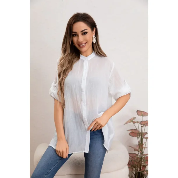 Blusa Mujer Lino Algodón Premium Liviana manga Larga Cuello Mao 8055