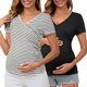 thumbnail image 1 of INSPIRE CHIC Top de Maternidad para Mujeres de Manga Corta con Cuello en V Cruzado y Fruncido, Blusa de Imitación de Envoltura para Embarazo y Lactancia XX-Large Negro y Rayado, 1 of 6