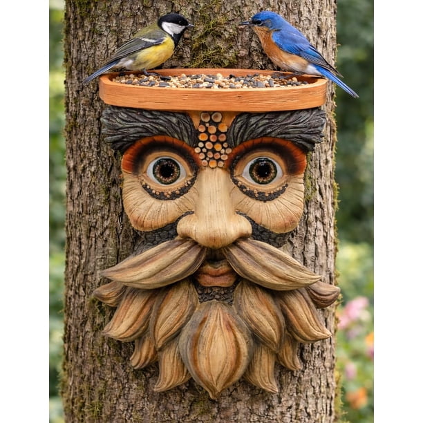 Comedero para pájaros exterior VEOJEIN decorativo de cara de árbol, resina, 28 x 20 cm