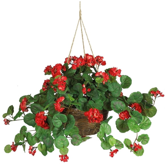 Cesta colgante de geranio artificial casi natural, 60 cm, color rojo