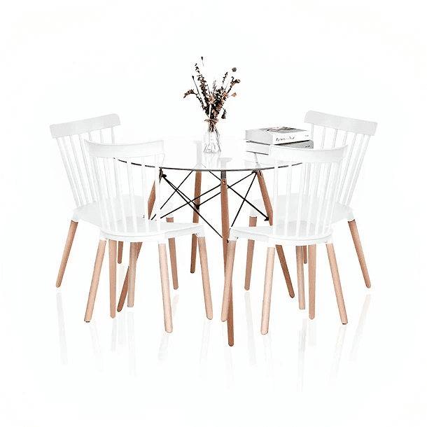 Klik Muebles - Comedor Mesa Eames Redonda Vidrio 80cm + 4 Sillas Windsor Blancas