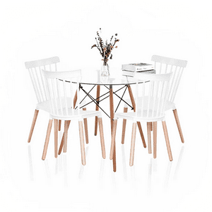 Klik Muebles - Comedor Mesa Eames Redonda Vidrio 80Cm + 4 Sillas Windsor Blancas