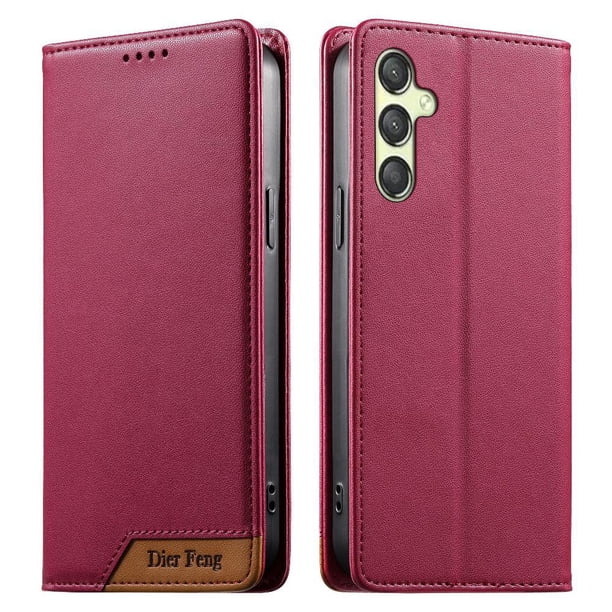 Funda Tipo Cartera de Cuero Sintético para Samsung Galaxy A25 Bloqueo RFID, con Ranuras para Tarjetas y Bolsillo para Efectivo, Cierre Magnético Fuerte Rojo