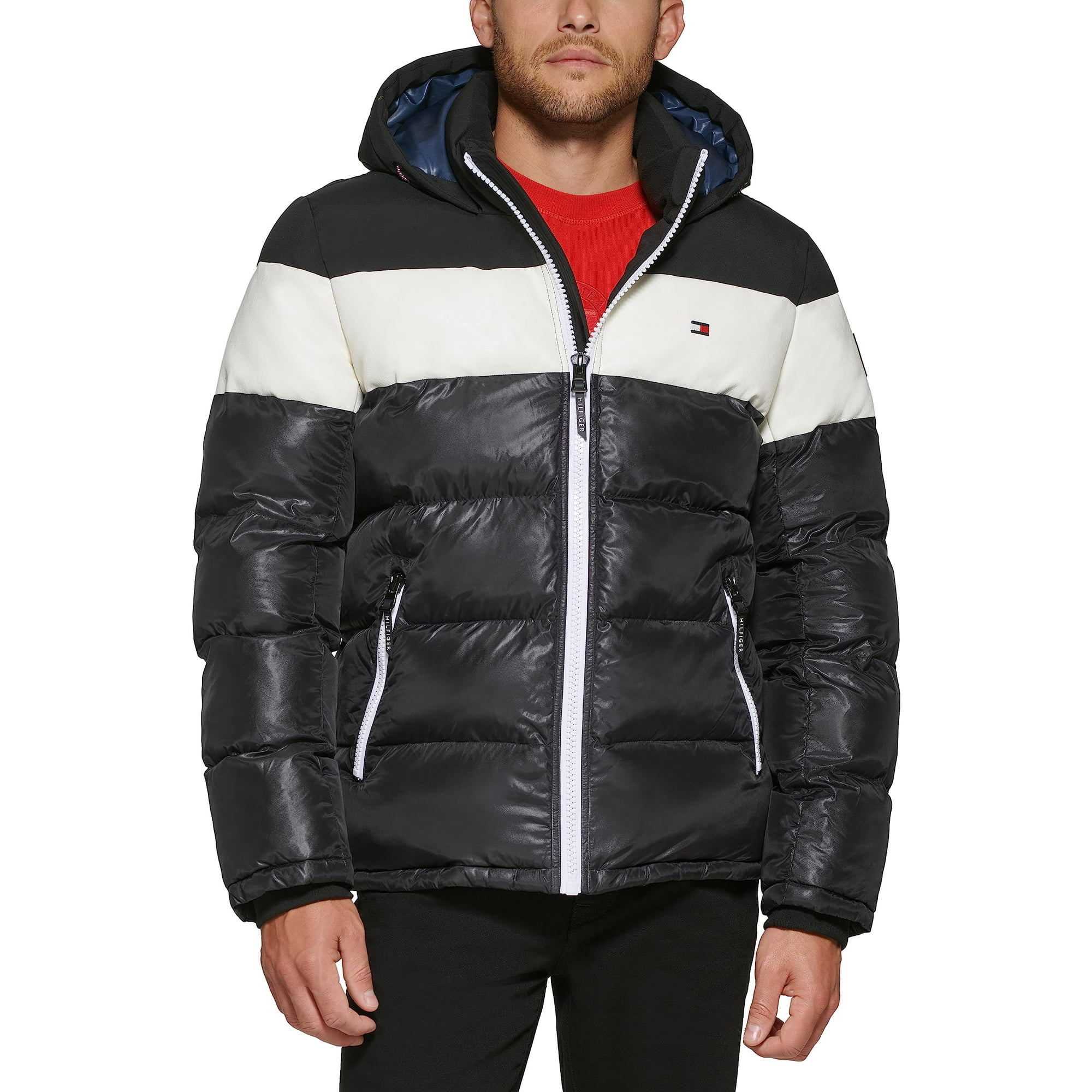Chaqueta Tommy Hilfiger Con Capucha Acolchada Para Hombre, Color Negro Y Blanco, Talla Xl