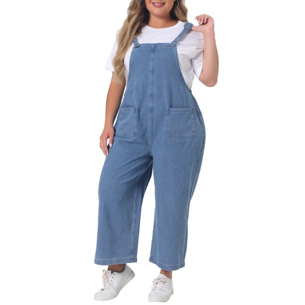 Agnes Orinda Pantalones de Petos para Mujer Talla Grande, Mono Casual de Mezclilla con Tirantes Ajustables, Talla 2X Azul Claro