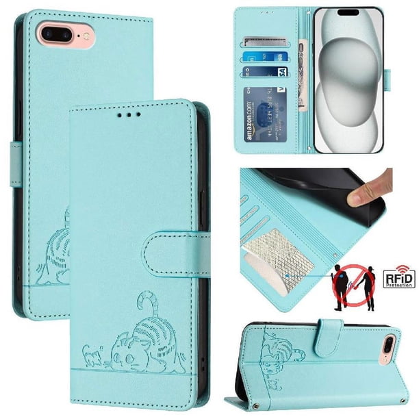 Funda tipo cartera FOXDOCK para iPhone 6S Plus con soporte, ranuras, RFID, diseño de gato