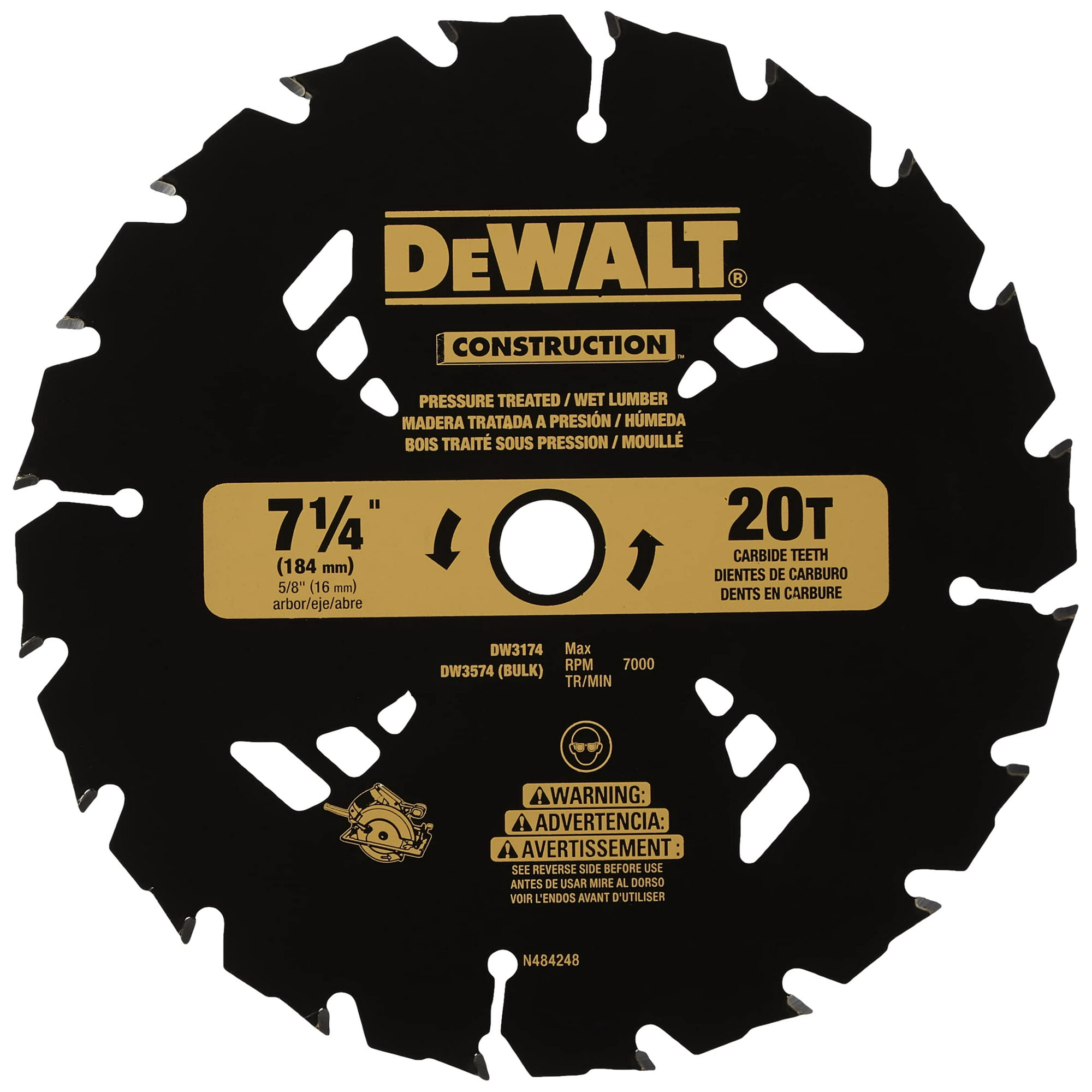 Hoja De Sierra Circular Dewalt Dw3174 De 20 Dientes Para Madera Tratada