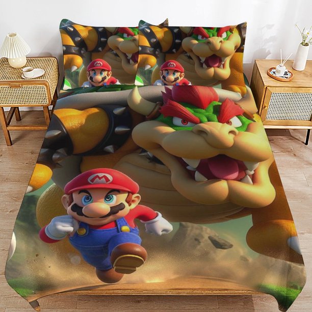 Super Mario 3-Piece Comforter Set for Bedroom Super Mario Bedding Set for Kids Adults Soft Microfiber Duvet Cover Set with Zipper Closure