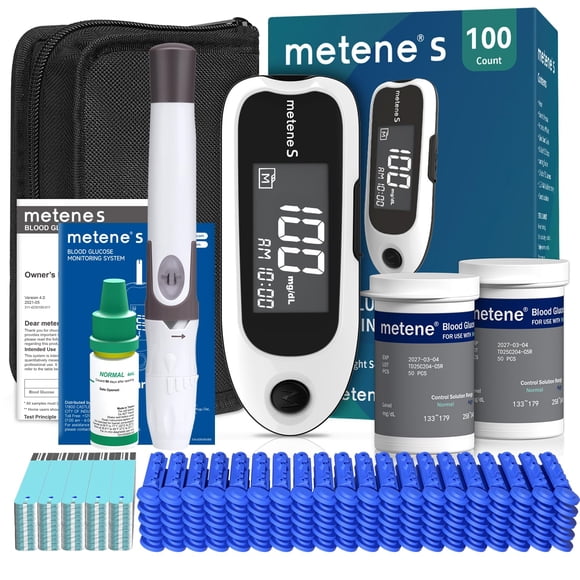 Kit de Monitor de Glucosa en Sangre Metene S con 100 Tiras Sin Codificación
