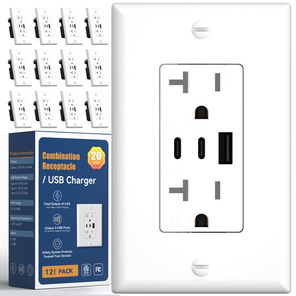 Enchufe Amico 6.0A USB Pack de 12 unidades 2C+1A 20 A Blanco