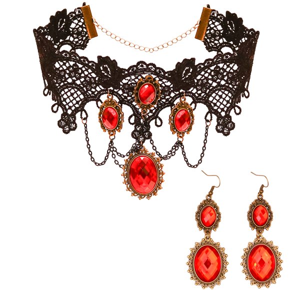 Conjunto de joyas con diseño gótico de vampiro negro con forma de esqueleto, gargantilla de encaje para mujer
