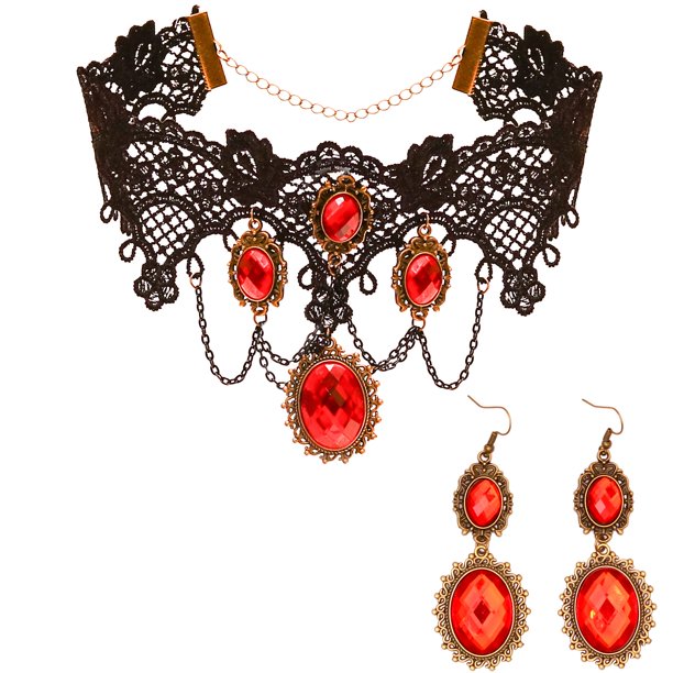 Conjunto de joyas con diseño gótico de vampiro negro con forma de esqueleto, gargantilla de encaje para mujer