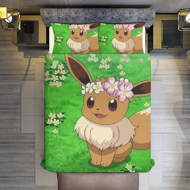 Pokmon Eevee 3 Piece Sets Full/Queen Size - Reversible Microfiber Quilts with Shams Soft Lightweight Bedspread Coverlet Comforter for All Season Bed Sheets