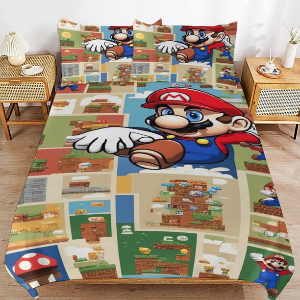 Super Mario Bed Duvet Cover Microfiber Bedding Sets 3D Printed Lightweight 3 Piece Comforter Sets for Kids Boys Girls