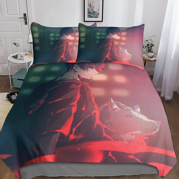 Juego de ropa de cama de 3 piezas con funda nórdica de estampado digital tridimensional Jujutsu Kaisen, funda nórdica de anime y funda de almohada a juego con cierre de cremallera. Suave.