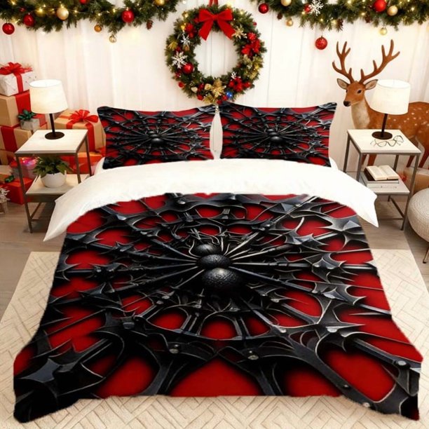 Heart-Shaped Hollow Spider Printed Duvet Cover Set Themed Bedding Including 1 Duvet Cover And 2 Pillowcases Made of 100% Polyester Durable And Wrinkle-Resistant