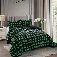 Aladdins Shop - Cobertor De Invierno De Plush Y Chiporro 2 Plazas Negro Y Verde Hojas