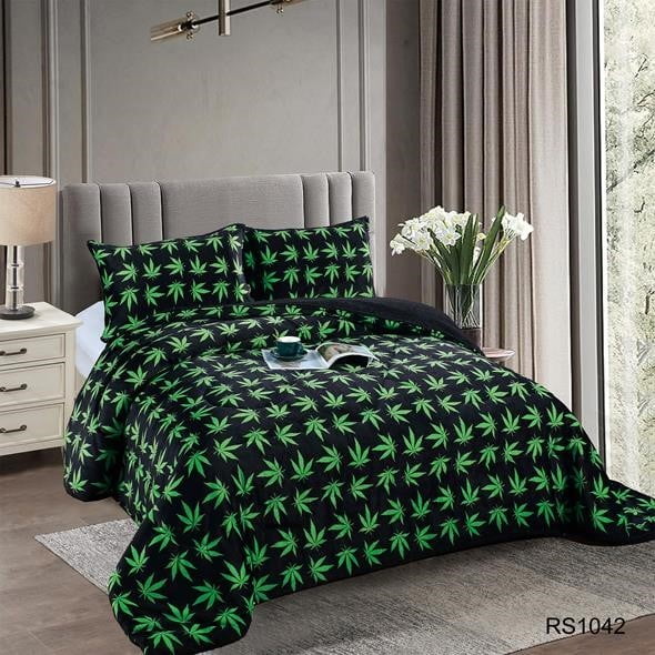 Aladdins Shop - Cobertor De Invierno De Plush Y Chiporro 2 Plazas Negro Y Verde Hojas