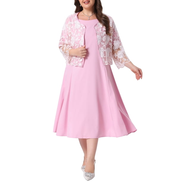Agnes Orinda Vestido de Línea A de Manga Corta para Mujer de Talla Grande y Chaqueta de Encaje con Manga 3/4 Floral Abierta al Frente Elegante Conjunto de Vestido Formal de 2 Piezas 2X Rosa