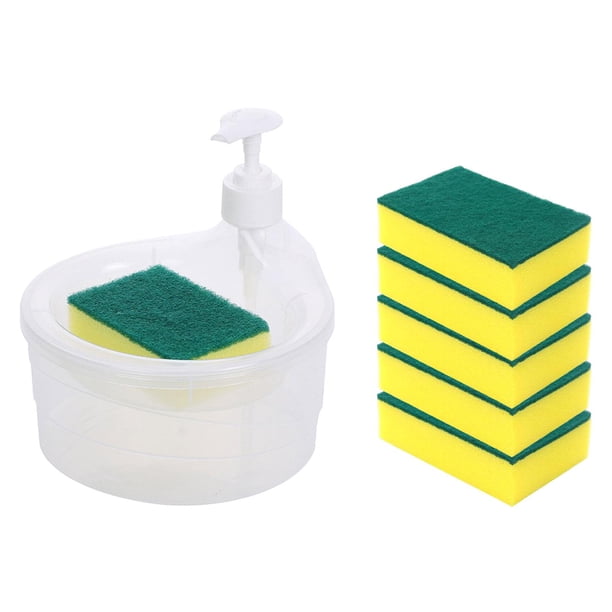 dor de líquido para lavar platos con soporte de esponja dor de jabón de cocina multifuncional con capacidad de 1000 ml (6 X estropajos , Claro