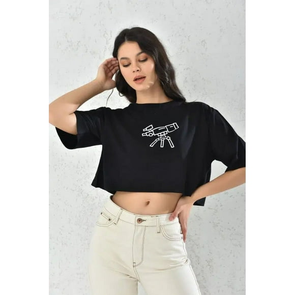 Polera Mujer Negra Crop Manga Corta Talla M