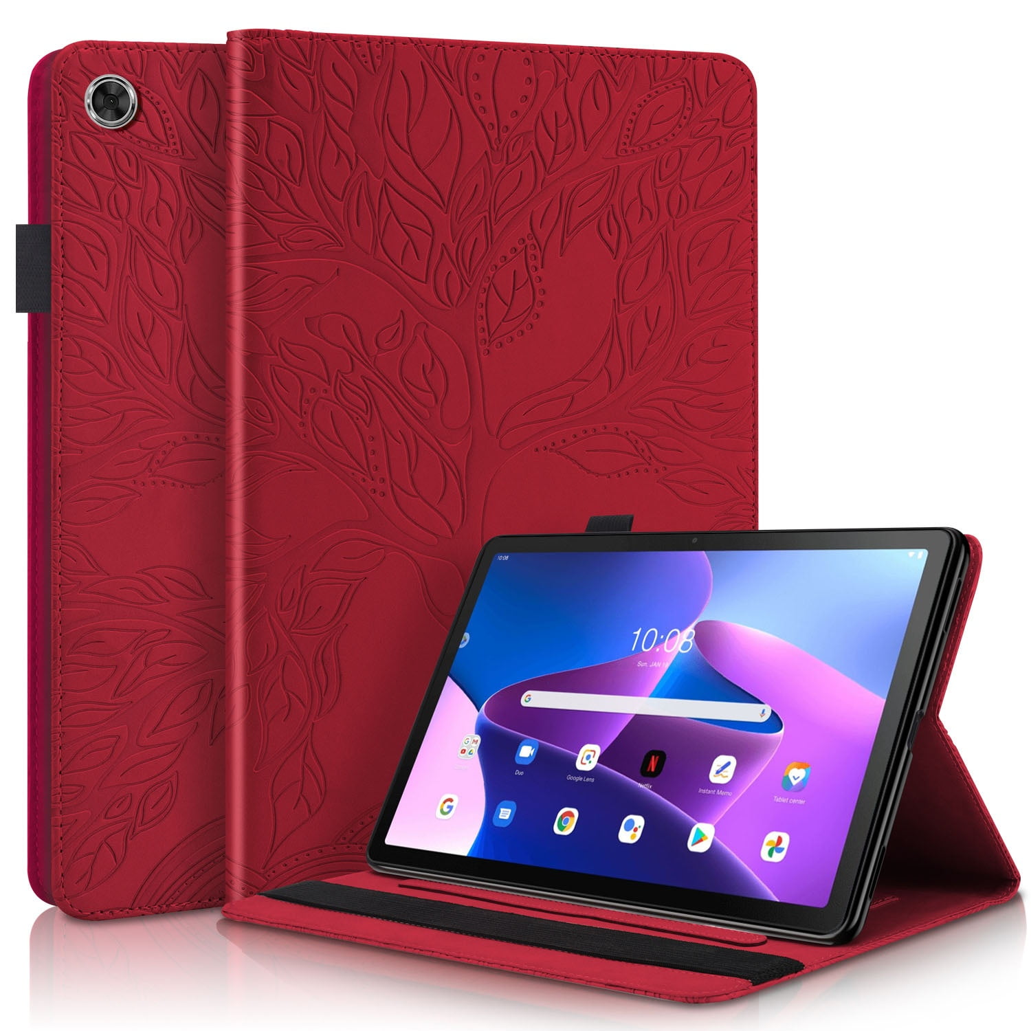 Foxdock - Funda Con Relieve Del Árbol De La Vida Para Tablet Lenovo Tab M10 (3rd Gen 2022) Con Soporte, Ranuras Para Tarjetas Y Soporte Para Lápiz Óptico. Rojo