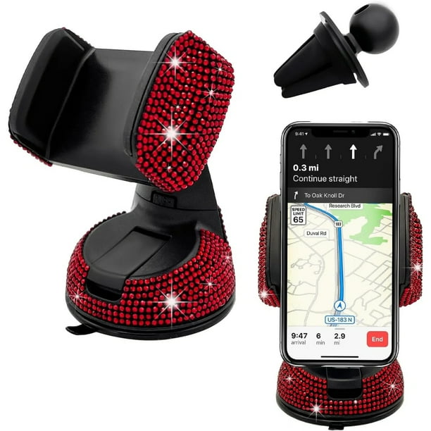 Soporte universal de cristal para teléfono de coche - Ajustable en 360 grados, seguro para el salpicadero, la rejilla de ventilación y el parabrisas - Compatible con todos los smartphones-Rojo