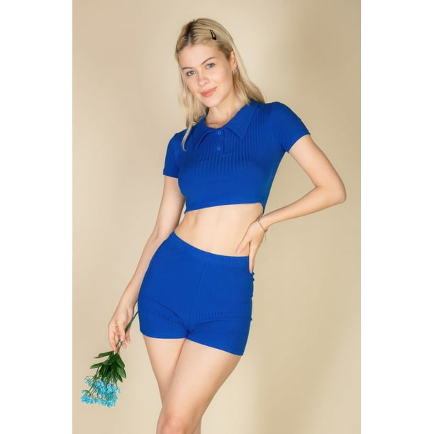 Conjunto De Top Corto Y Shorts De Manga Corta Con Cuello Acanalado