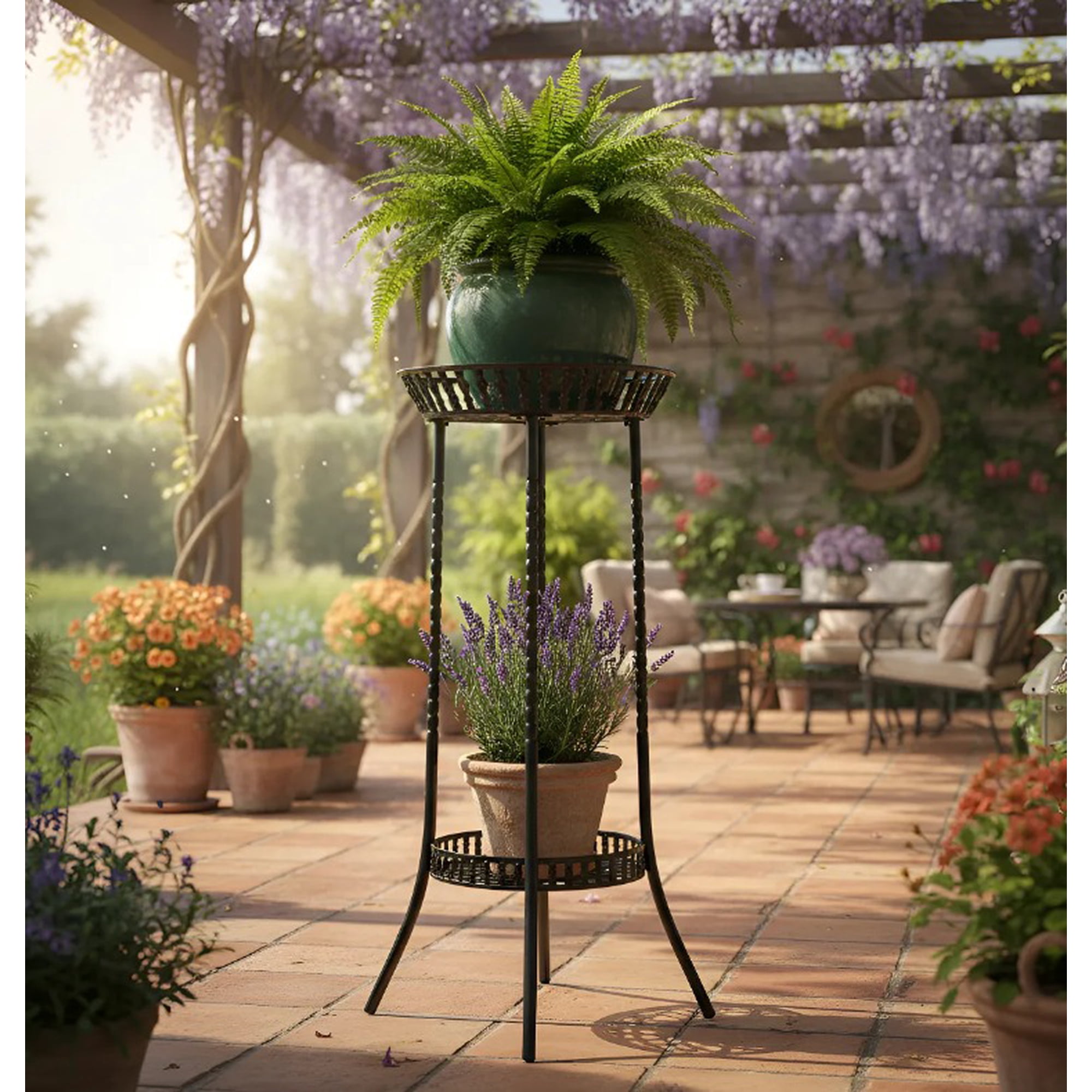 Genérico - Pedestal Para Maceta Maceteros Metalico 2 Niveles Negro 81x34 Cm