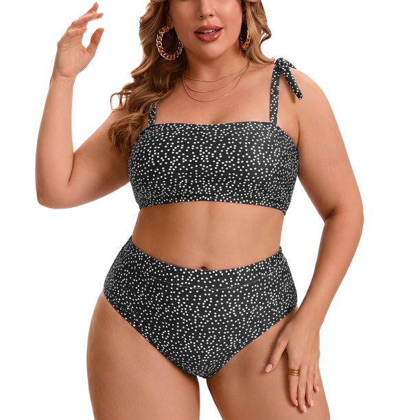 Agnes Orinda Conjunto de Bikini de Dos Piezas para Mujer Talla Grande de Escuela Colegio con Cintura Alta Ajustable Control de Abdomen Realce para Vacaciones en la Playa Talla 1X Negro