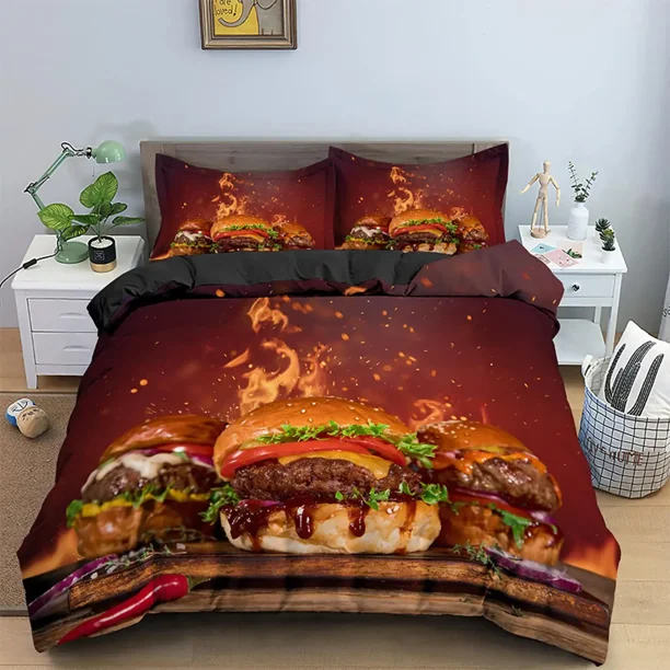 x1339 Bed SheetsHamburger Duvet Cover Fast Food Theme Bedding Set Meat Cheese Quilt Cover Kids Lovely Cartoon Style Comforter Cover 3-Piece Bedding Set (1 Duvet Cover + 2 Pillow Shams) nj1339